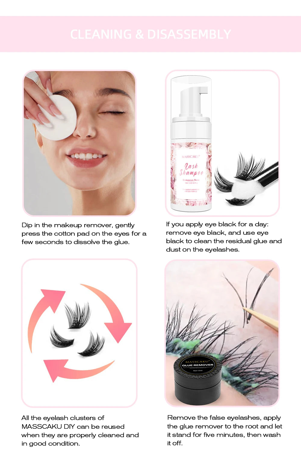 Four panels showing how to clean and remove cluster eyelash extensions using lash shampoo, glue remover, and pads.
