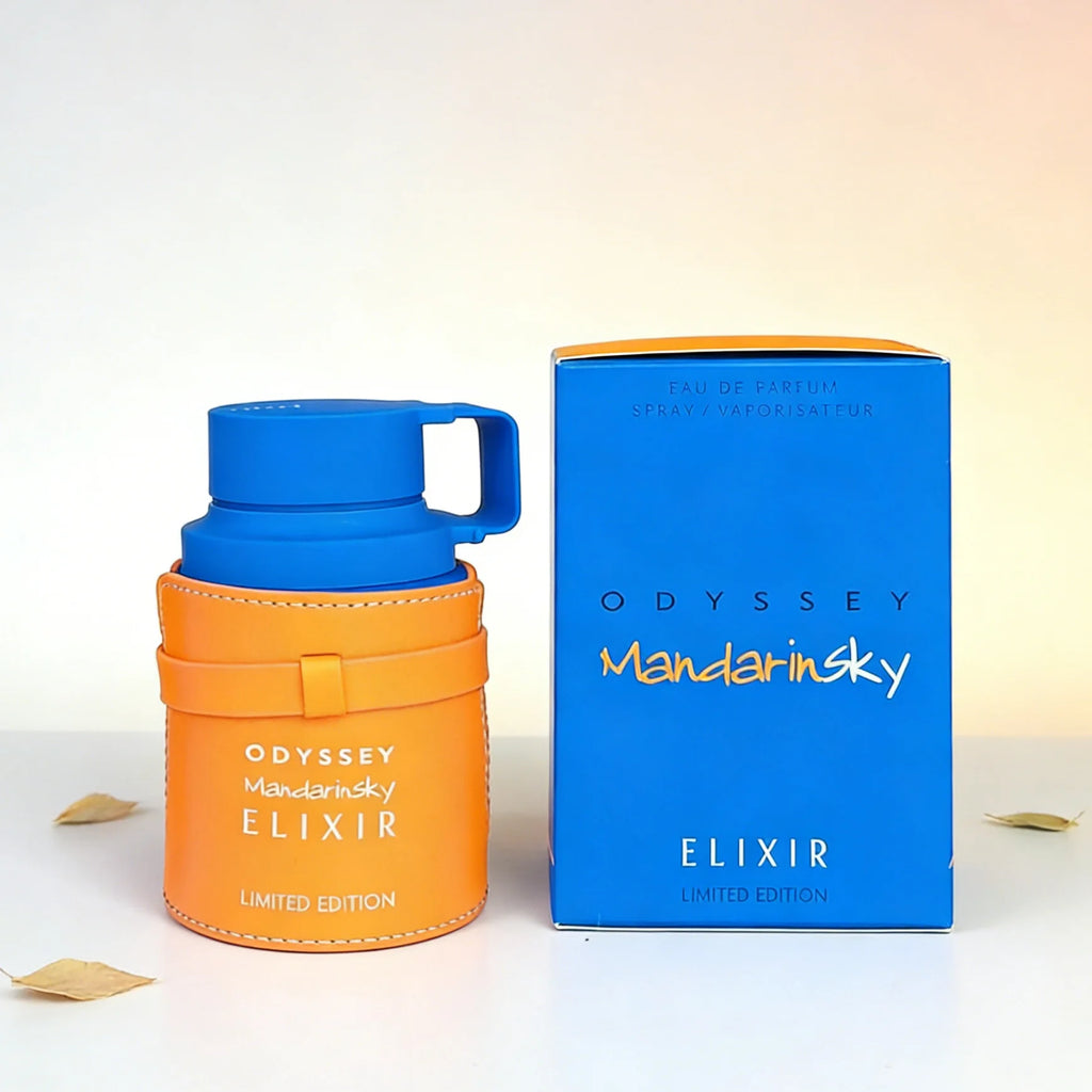 Armaf Odyssey Mandarinsky Elixir EDP: Men’s fresh citrus spicy perfume in a unique orange leather-wrapped bottle. 3.4oz.