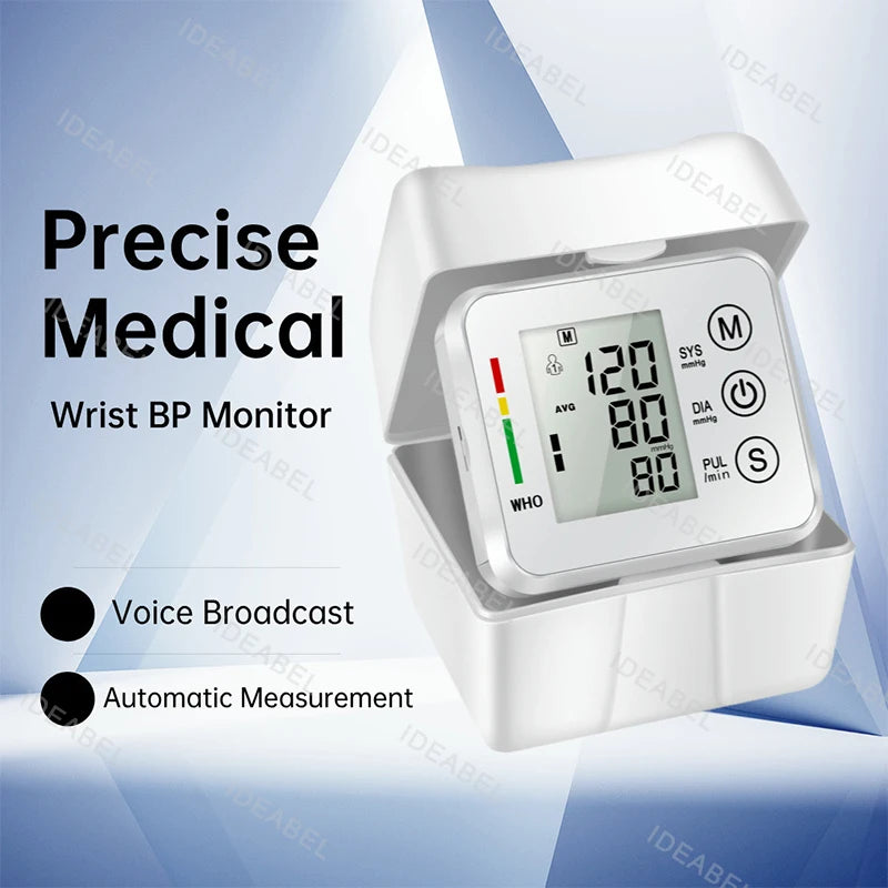 Smart LCD Screen English Voice Broadcast Wrist Blood Pressure Monitor Digital Automatic BP Tonometer Heart Rate Sphygmomanometer