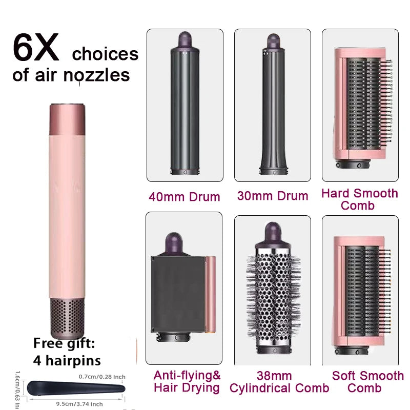 SenCiciMen 6-in-1 pink multi hair styler with 6 air nozzles, curling barrels, and brushes for professional hair drying.