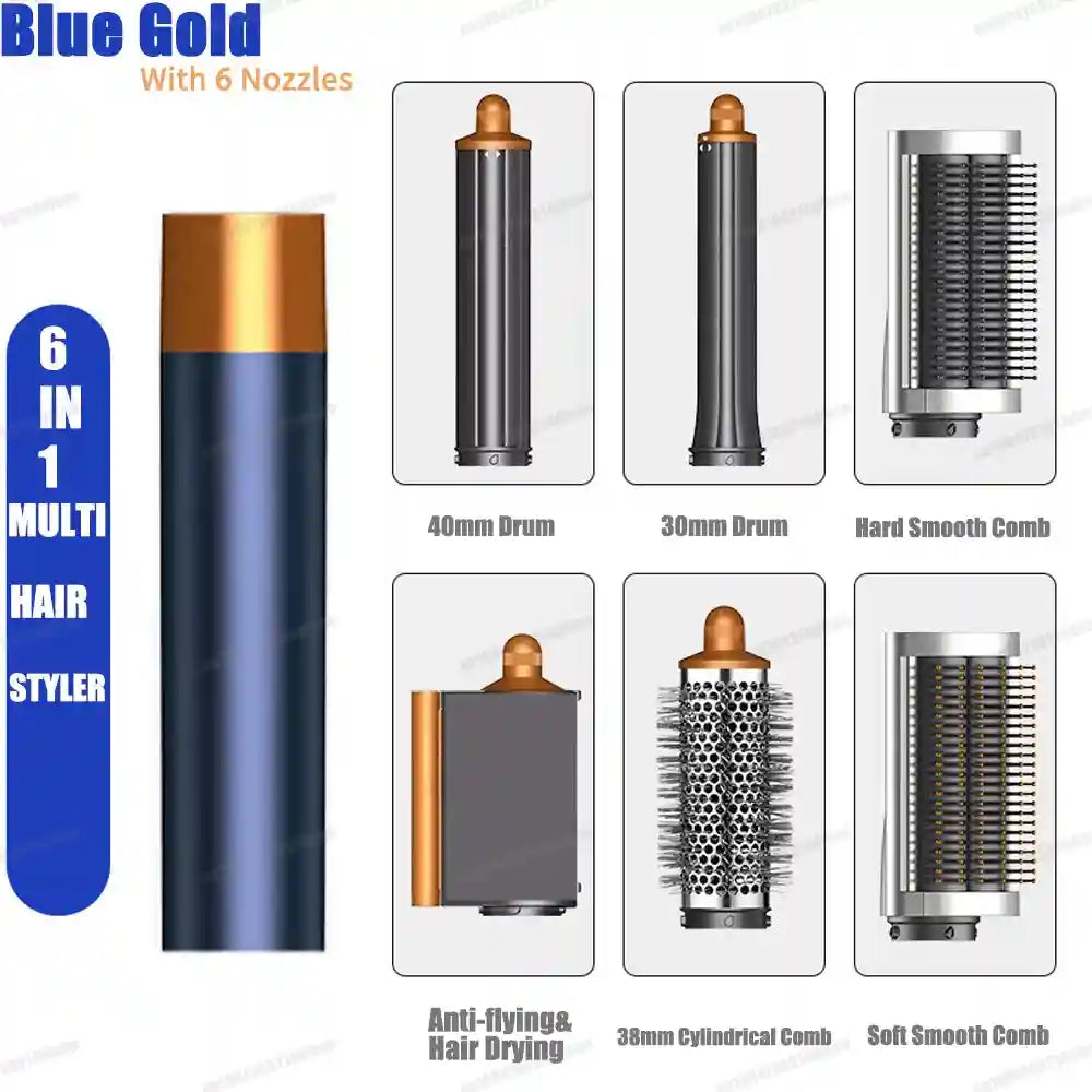 6-in-1 blue and gold multi-hair styler set with auto-curling barrels, hair dryer nozzle, and smoothing brushes.