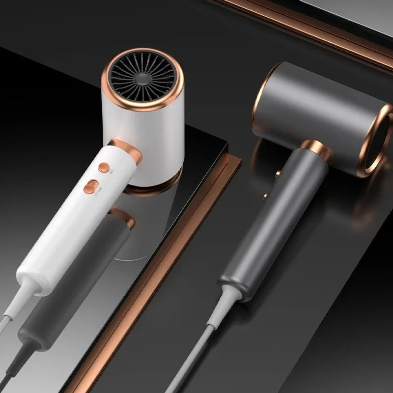2000W professional negative ionic hair dryer in white and grey with sleek rose gold accents and 5-speed heat settings.
