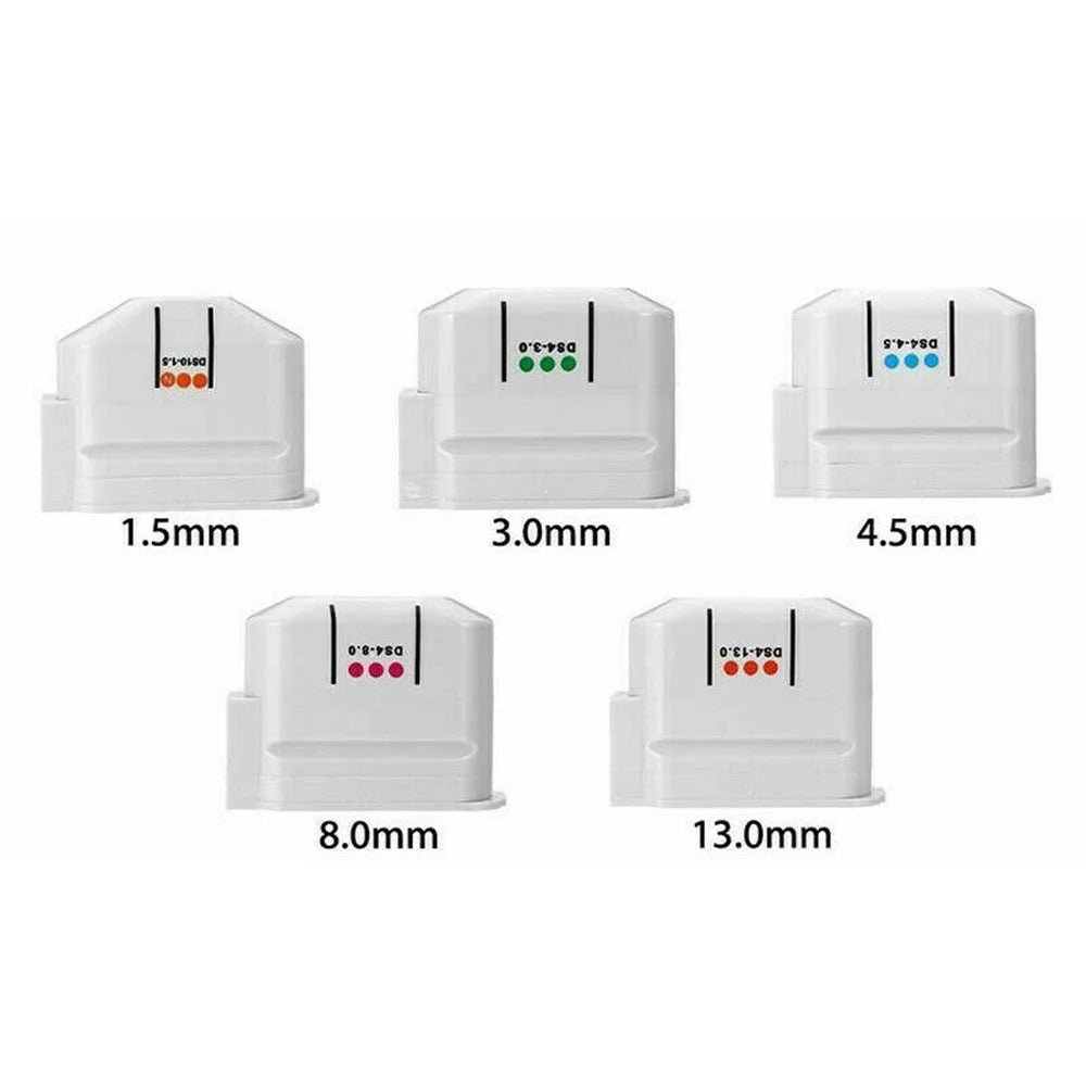 Five white exchangeable HIFU ultrasound cartridges with 1.5mm to 13.0mm depth for anti-aging face and body treatment.