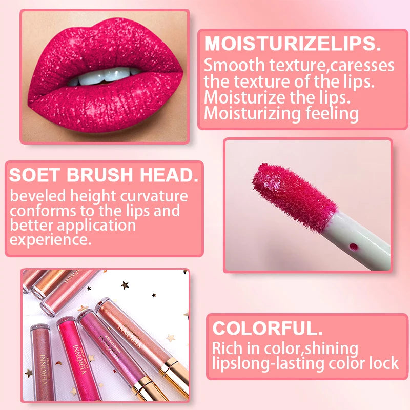Waterproof diamond shimmer liquid lipstick with a metallic glitter finish and precise applicator for vibrant, glossy lips.
