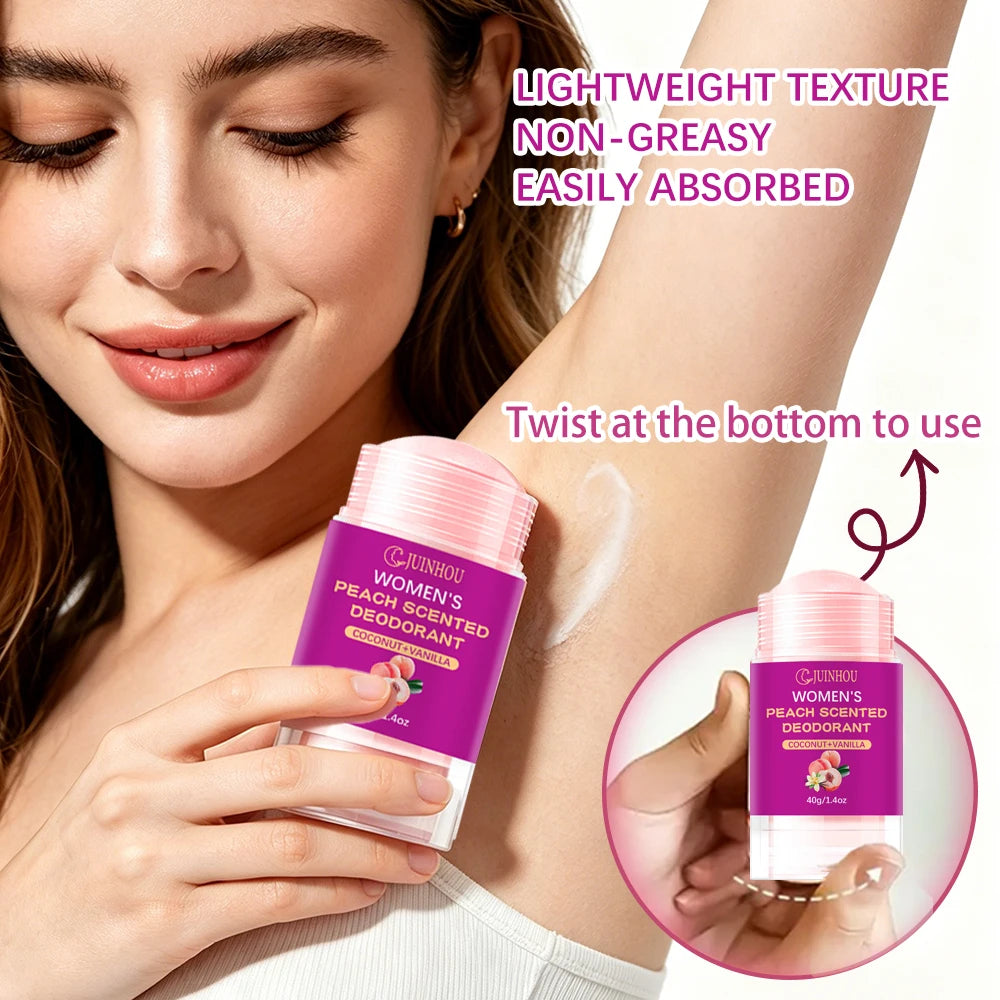 Tidesmit JUINHOU 40g Peach Deodorant Stick for women, a moisturizing antiperspirant with light peach scent.