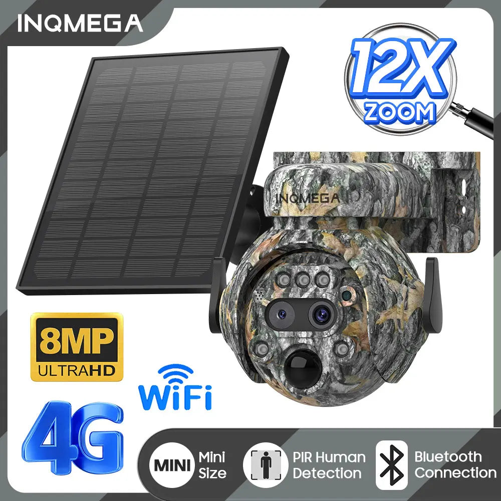 INQMEGA 8MP Solar Powered Camera 4K 4G / WIFI Solar Camera Solar Panel  Security PIR Human Detection Cam in Forest