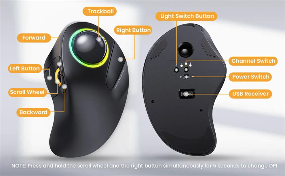 Jomaa RGB Backlit Trackball Mouse Control for Gaming Bluetooth Right Hand Vertical Trackball Mouse for Gamer Windows Mac