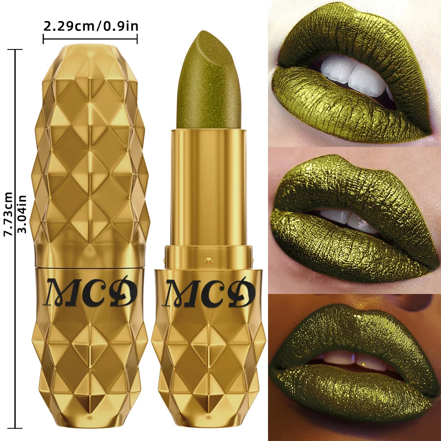 Bold metallic olive green pearlescent lipstick in gold stud case with long-lasting intense glitter lip makeup swatch.