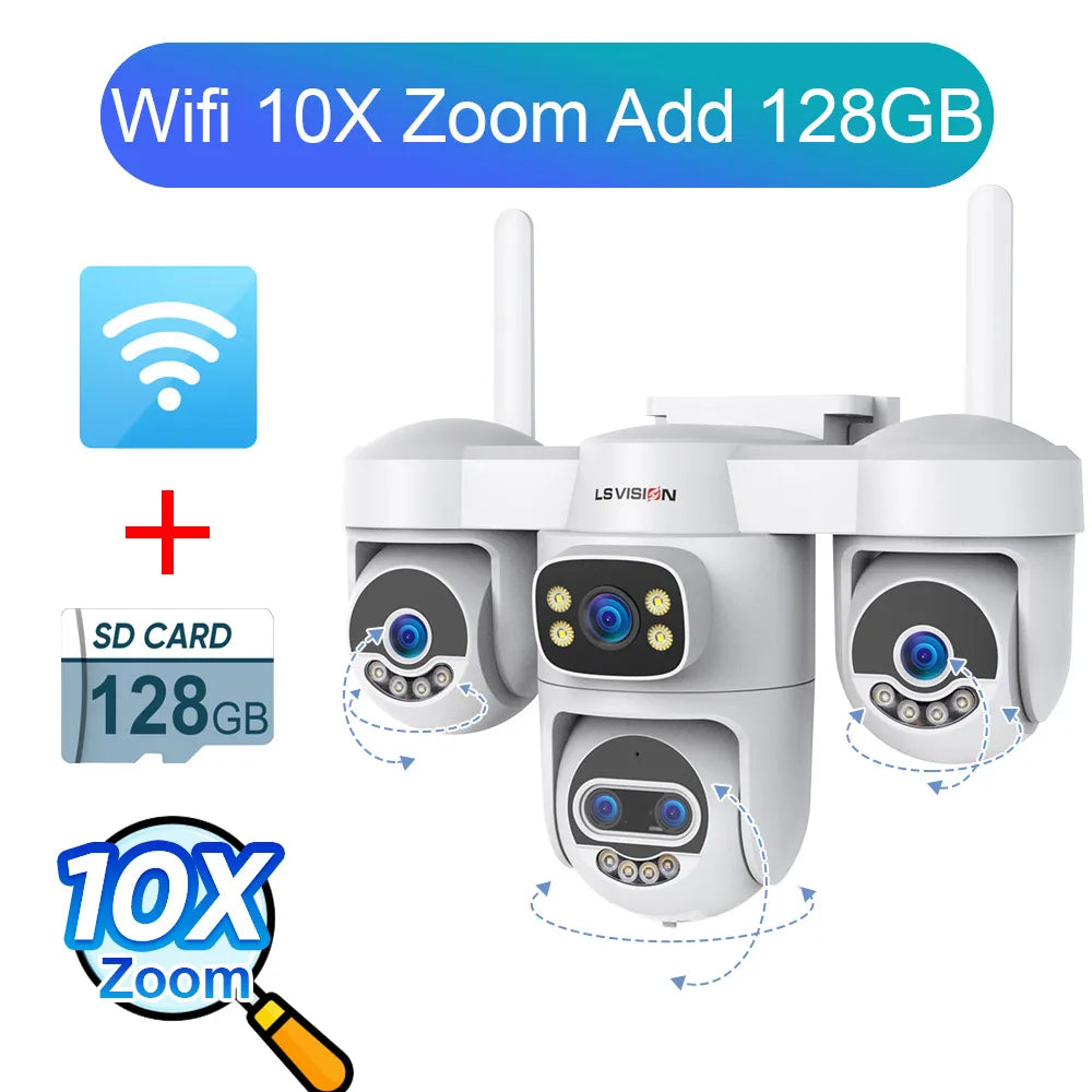 LS VISION 20MP 10X Zoom Three PTZ WiFi Security Camera Outdoor Four Screens 5-Lens Auto Tracking PC Client CCTV Cam Okam Pro App