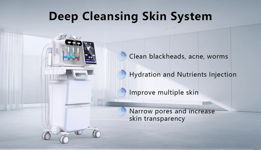 8-in-1 white hydrofacial machine for deep cleansing, skin rejuvenation, hydration, and pore tightening in a spa setting.