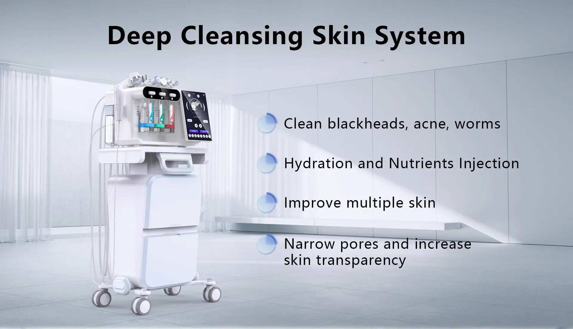 8-in-1 white hydrofacial machine for deep cleansing, skin rejuvenation, hydration, and pore tightening in a spa setting.