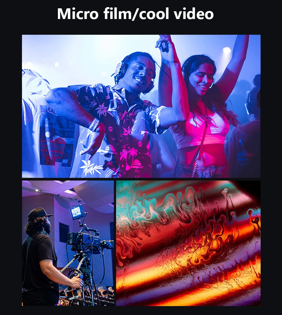 Collage showing a videographer using a professional camera, dancers under club lights, and colorful abstract patterns.