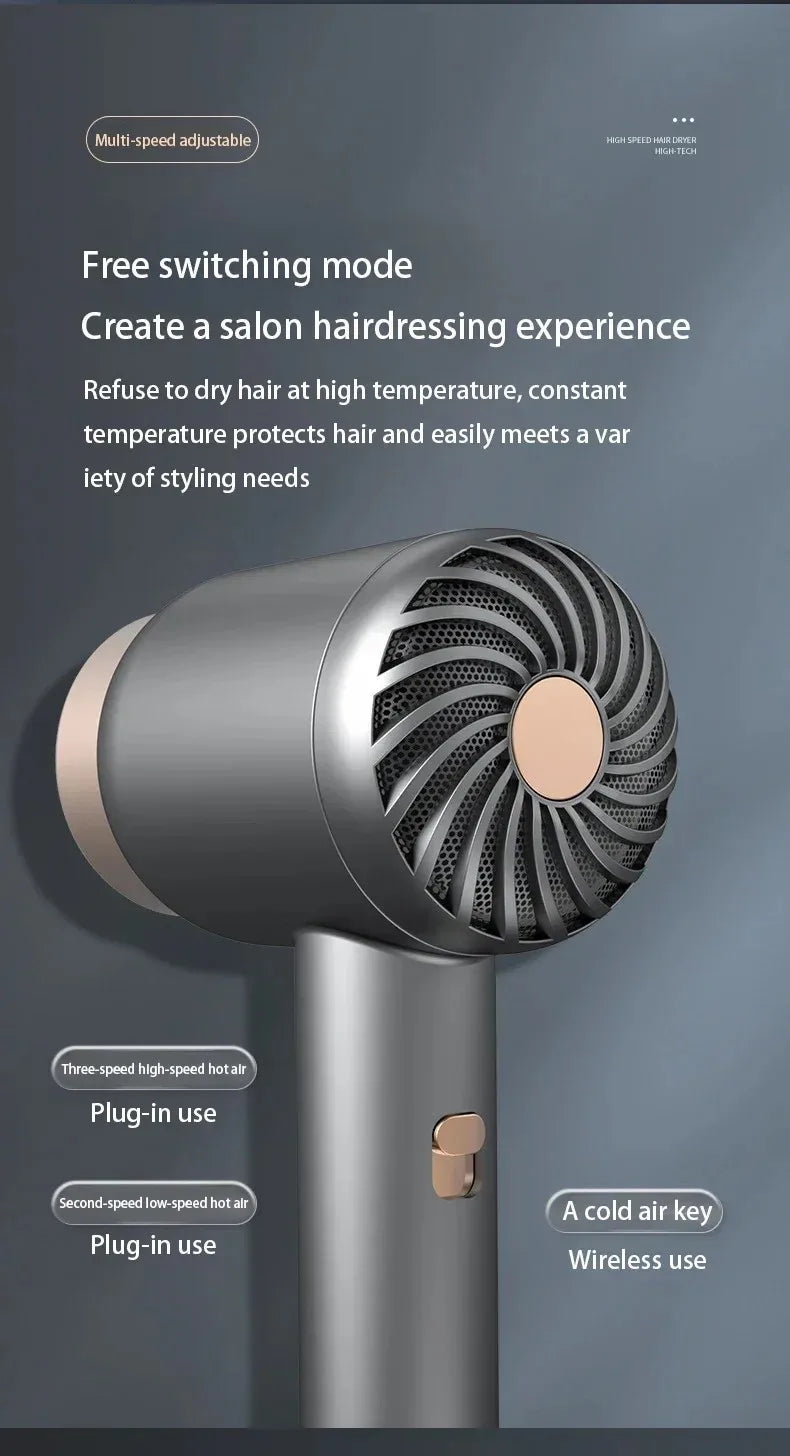 Portable grey USB rechargeable hair dryer with multi-speed settings for quick, salon-quality styling at home or travel.