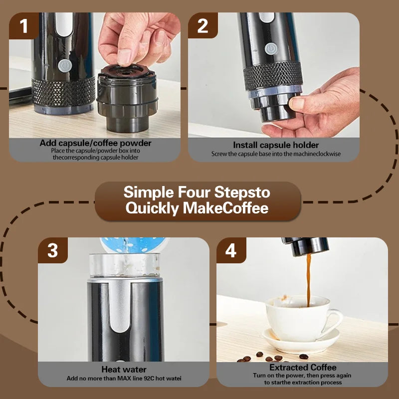 Portable black electric capsule coffee maker showing four-step operation with powder and capsule holder.