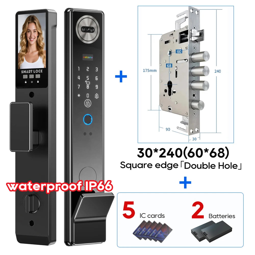 SANKESONG Smart Lock Real Time Intercom Wifi Camera Fingerprint Intelligent Palm Vein 3D Face Recognition Door Lock  DualBattery