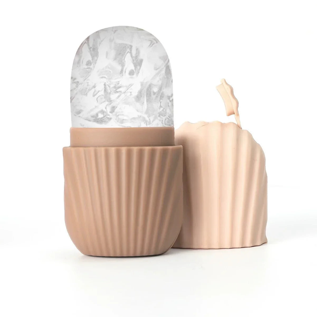 Beige silicone ice face roller with a textured, fluted base and a frozen, marble-like ice sphere on top.
