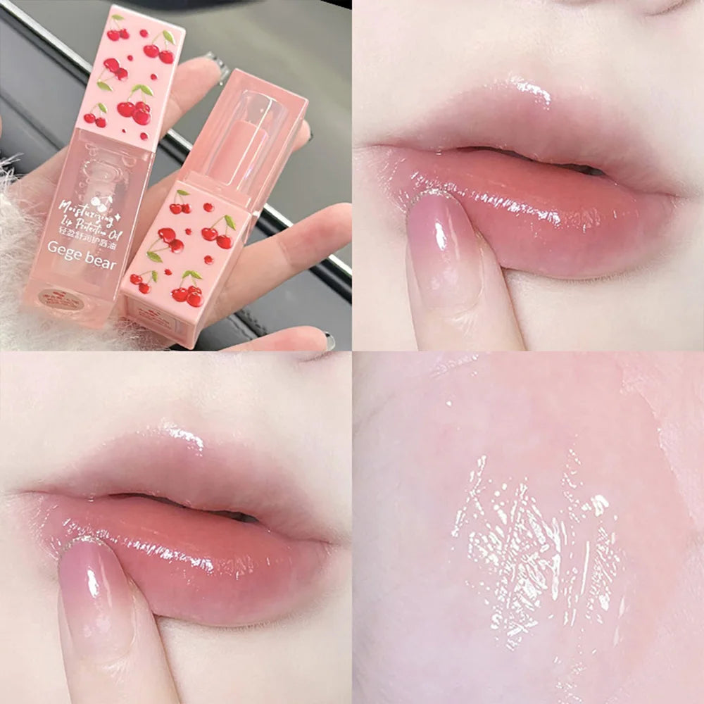 Gege Bear cherry lip balm and oil set with clear, hydrating, high-shine texture for soft, glossy, moisturizing lips.