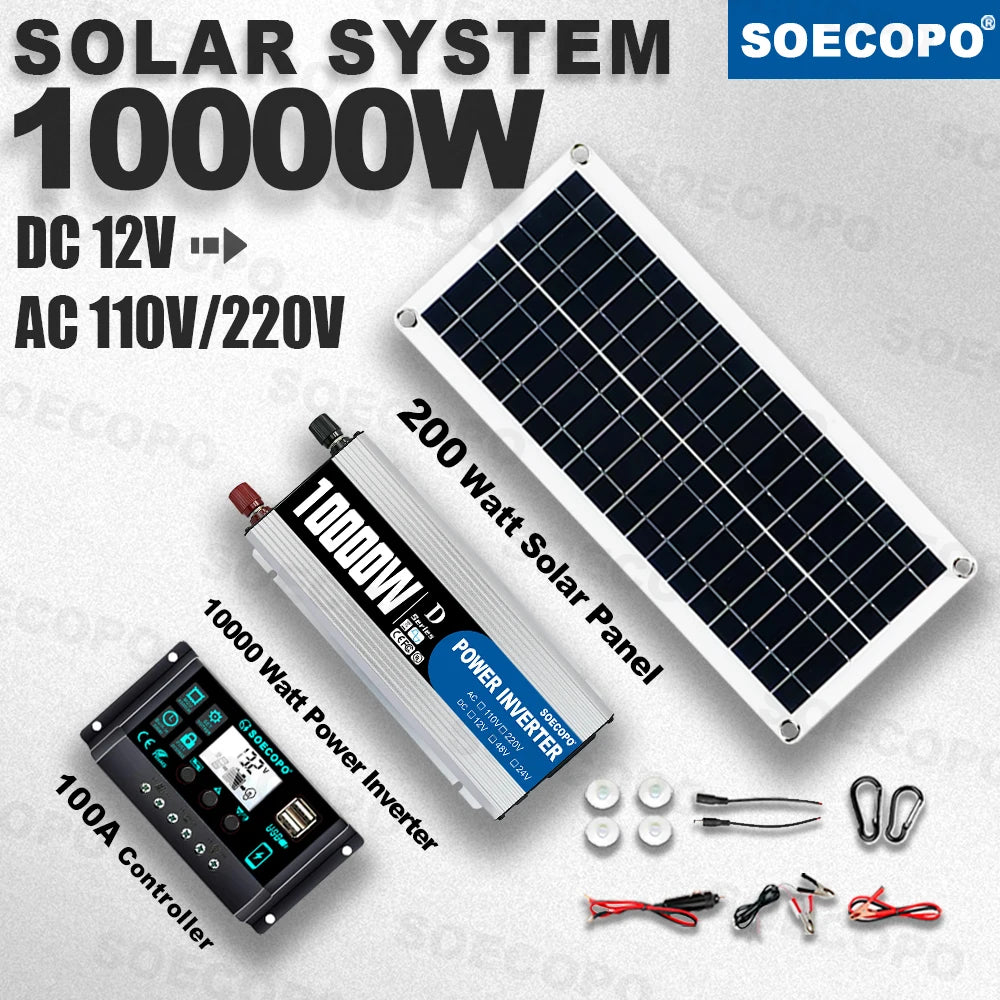 SOECOPO 10000W Solar Generator Kit, 12V to 110V/220V Inverter, 200W Panel, 100A Controller, for Off-Grid Home, RV & Camping
