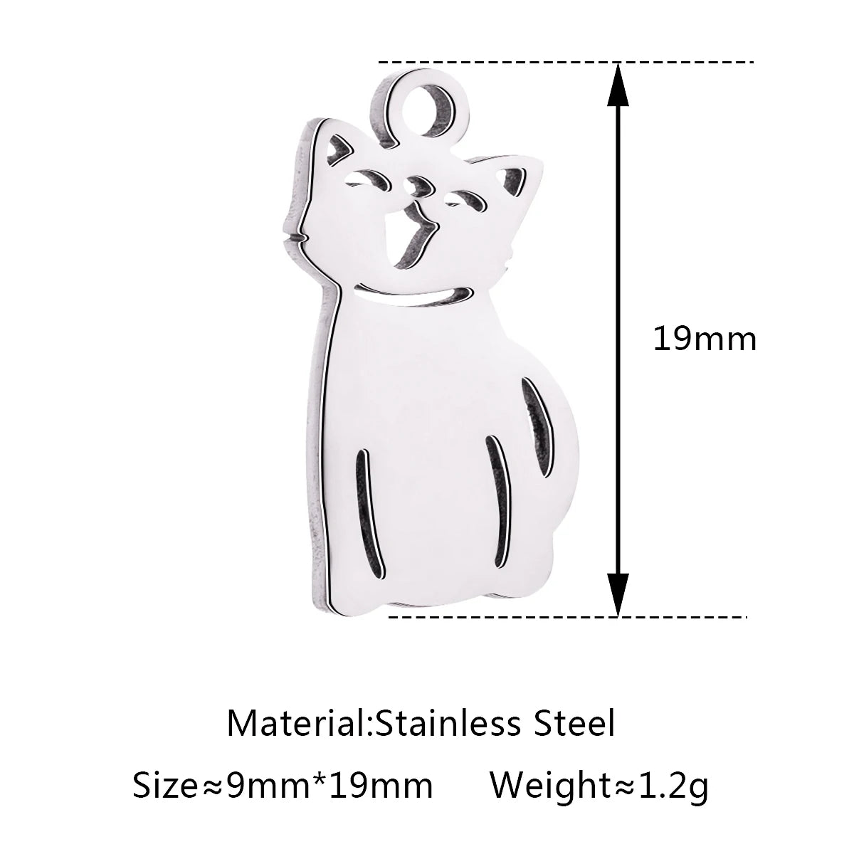 Silver stainless steel cat pendant charm, 19mm DIY jewelry accessory for pet-themed necklaces and bracelets.
