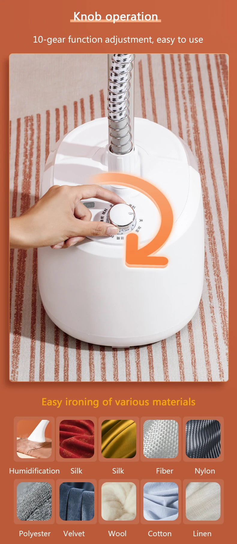 Tidesmit 2L household garment steamer showing adjustable rod and steam nozzle settings for ten fabric types