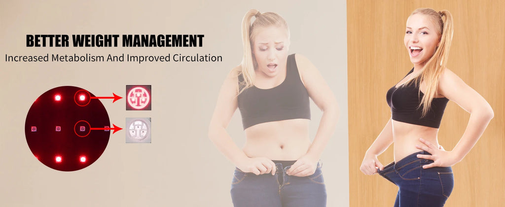 Red light therapy belt with 660nm and 850nm LEDs for weight loss, metabolism boost, and pain relief.