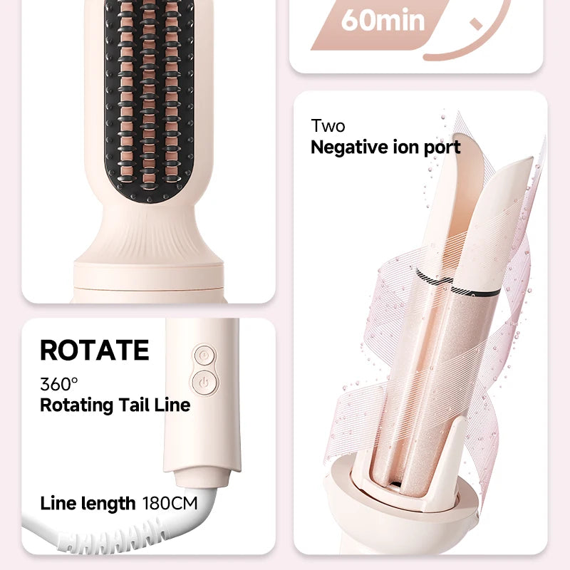 Pink automatic negative ion curling iron with 360° swivel cord, smart heat control, and anti-tangle styling head.