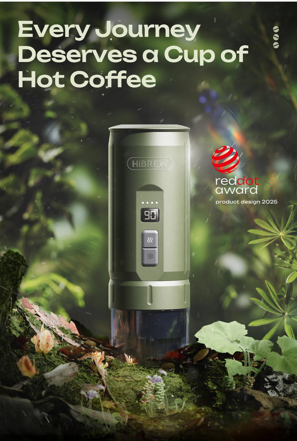 HiBREW portable olive green coffee maker with digital temperature display, featuring a Red Dot Award 2025 design.