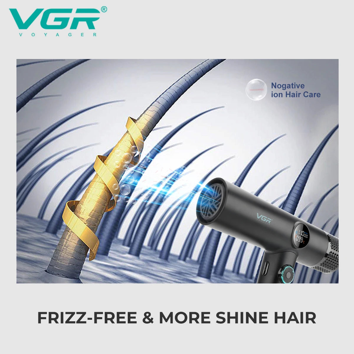 VGR V-401 professional negative ion hair dryer with digital display for frizz-free, shiny results and salon performance.