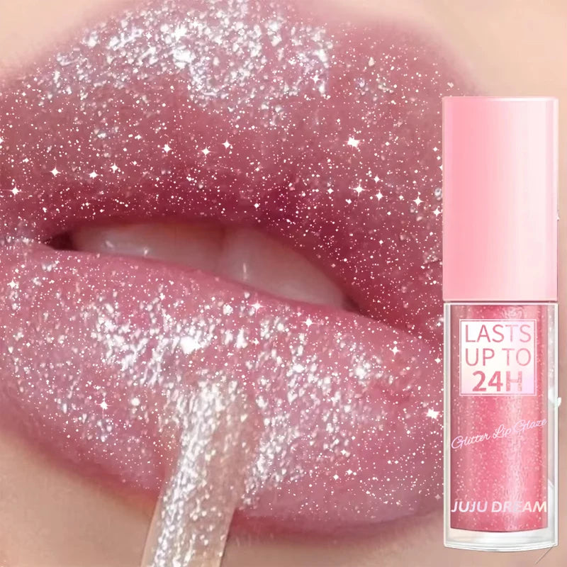 Long-lasting pink glitter lip glaze with a high-shine, waterproof liquid lipstick finish and shimmering texture.
