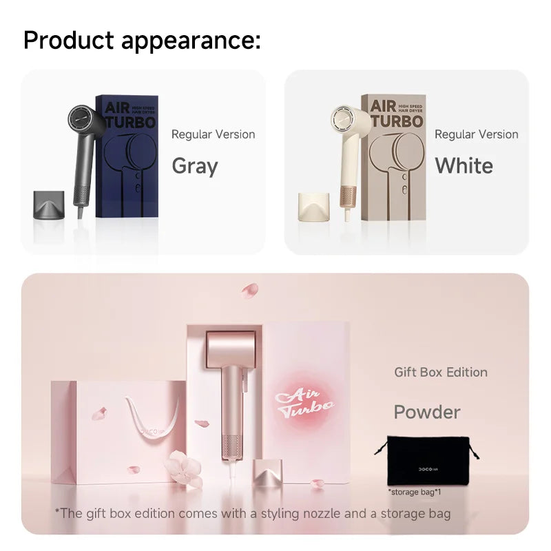 DOCO high-speed negative ion hair dryer in gray, white, and pink gift sets with styling nozzles and storage bags.