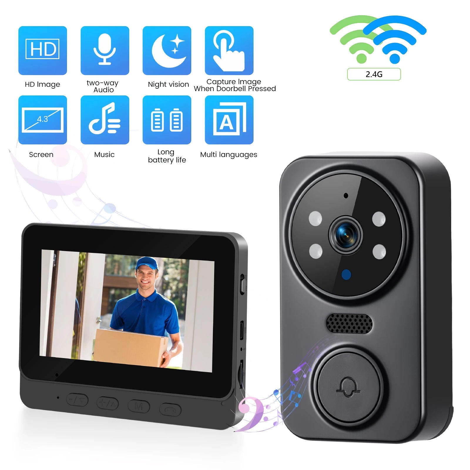 Podofo 4.3inch IPS Screen Wireless Doorbell Night Vision Intercom Video Monitor Video Two-way Intercom Doorbell Ring Door Camera