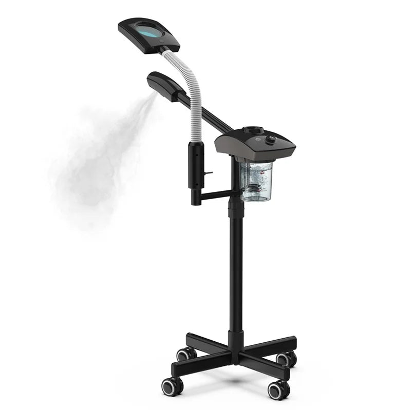 Black professional ozone facial steamer with magnifying lamp on rolling stand, emitting mist for skin spa treatment.