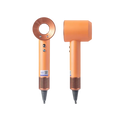 Orange high-speed brushless hair dryer with negative ion tech, sleek ergonomic design, and adjustable temp controls.