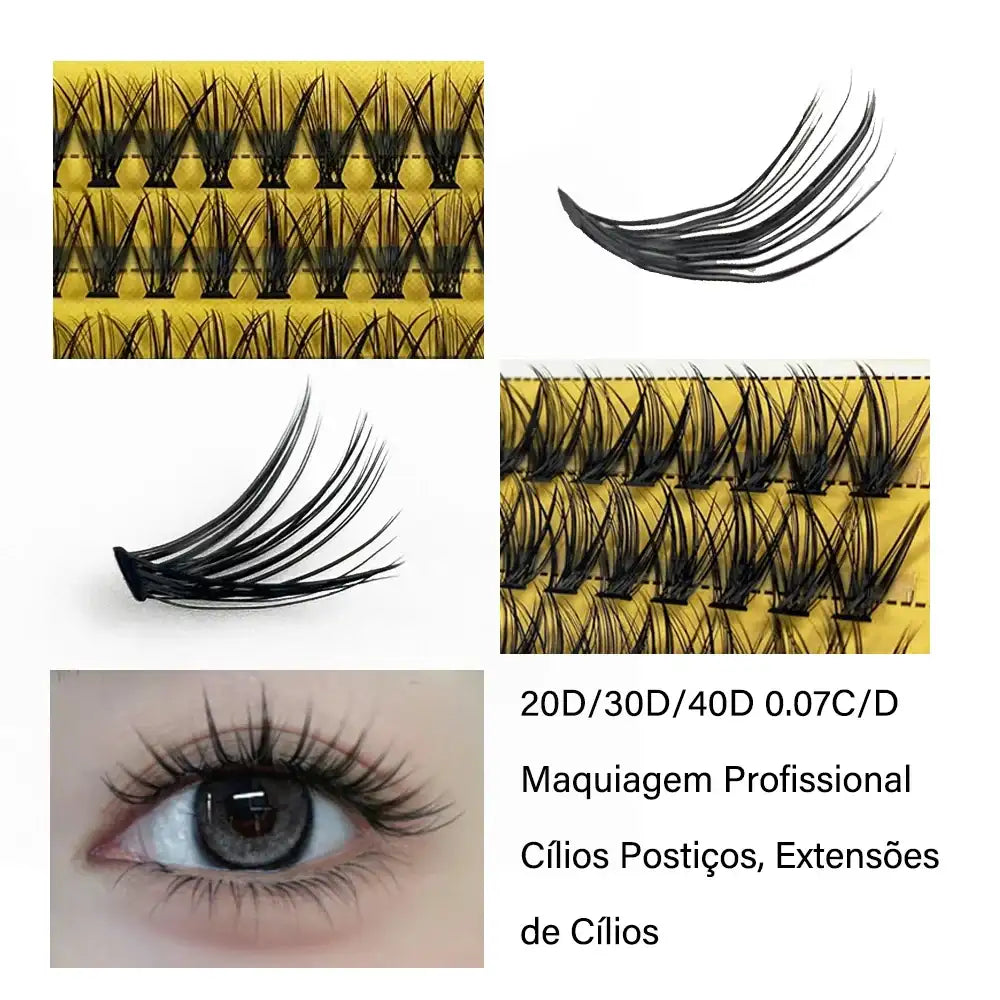 Box of black 3D individual mink eyelash cluster extensions arranged on yellow adhesive strips for professional makeup.