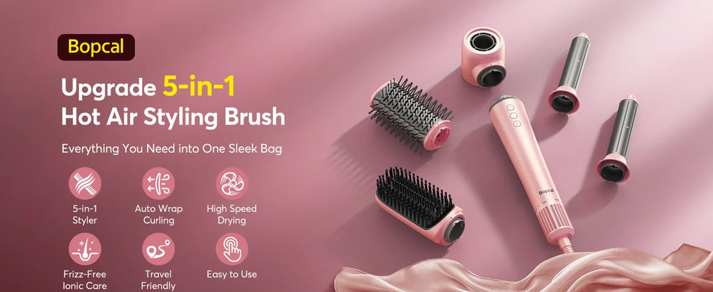 Bopcal 5-in-1 pink hot air styler brush set with auto-wrap curlers and attachments for professional hair drying.