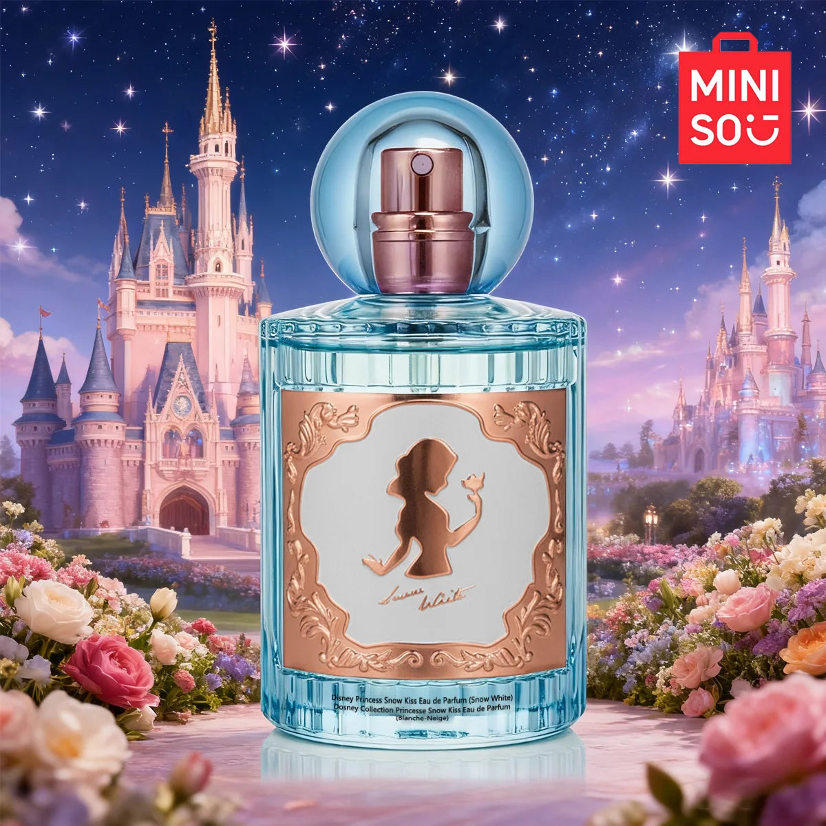 MINISO Disney Snow White floral Eau de Parfum for women, 50ml, in a round blue glass bottle with ornate gold label.