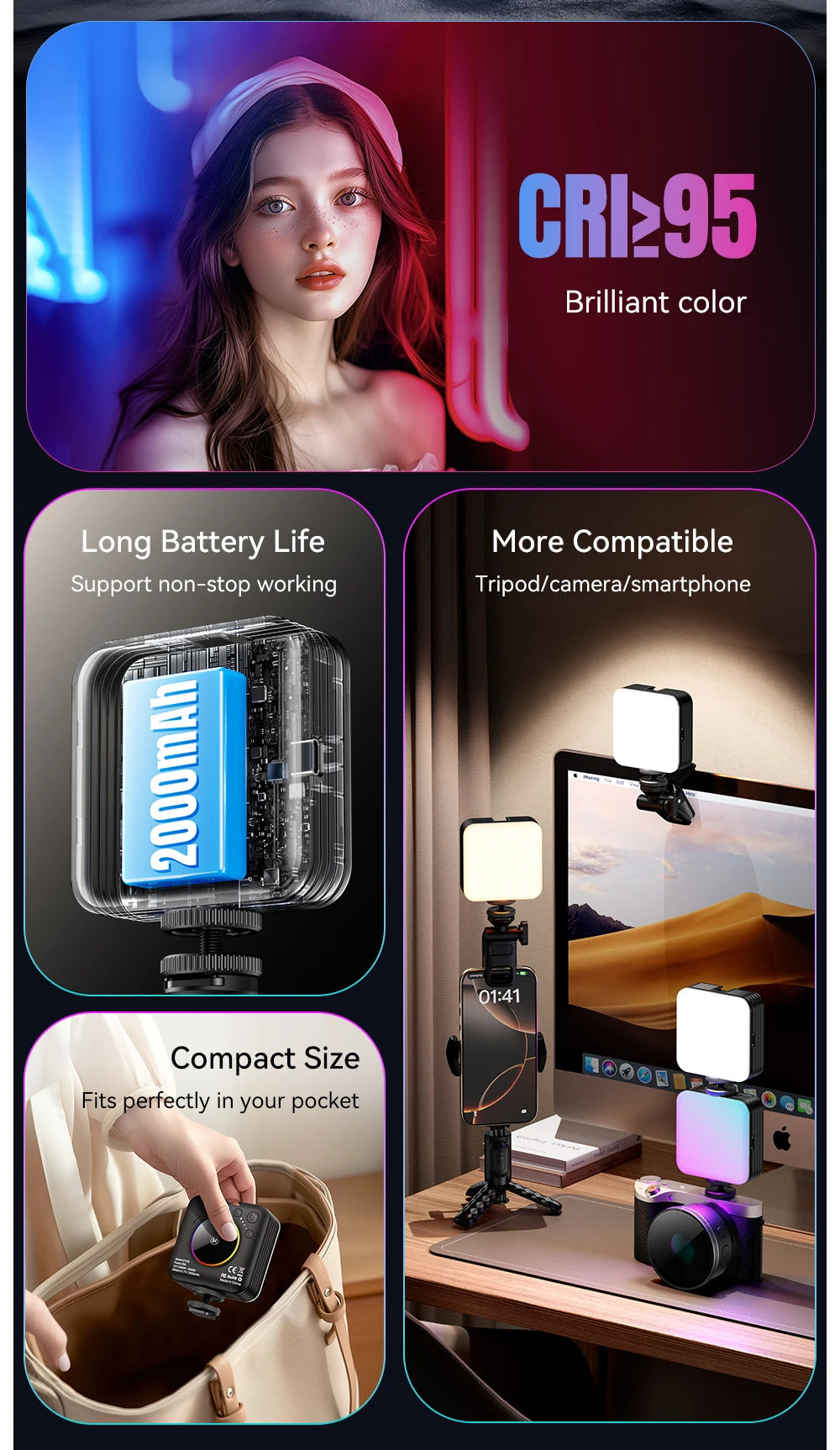 Square LED video light with 2000mAh battery. Portable, compact design mounts to cameras, smartphones, and tripods.