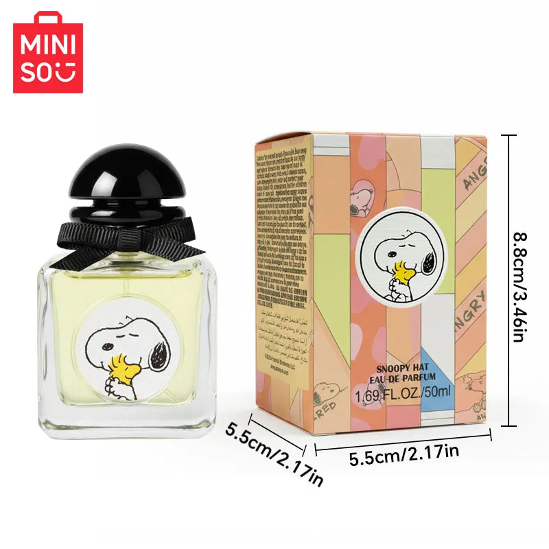 MINISO x Snoopy Eau de Parfum: Luxury 50ml fruity floral women's perfume in a square glass bottle with a black bow.