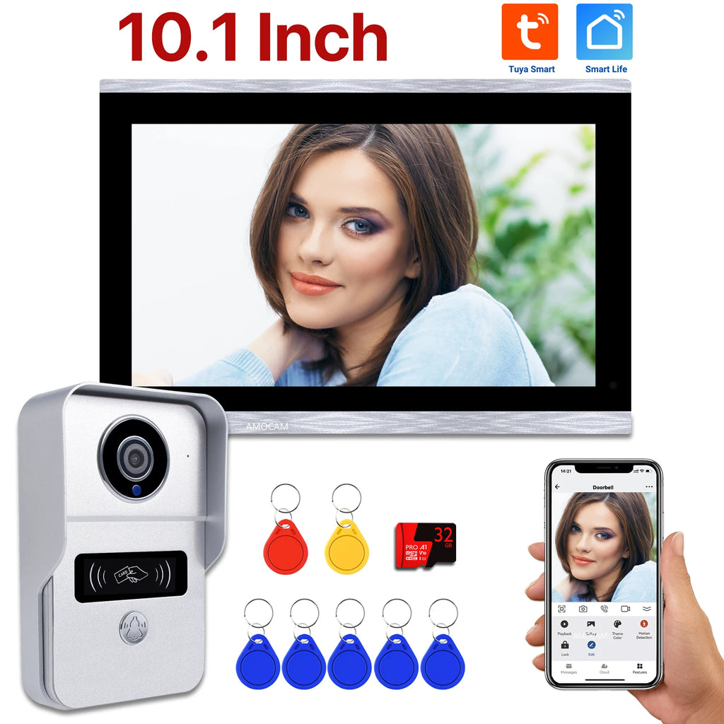1080P 10.1 Inch Touch Screen Wifi Video Doorbell, Smart Home Video Intercom 32G Card Rceord Kit Works with Tuya ID Unlcok 4-Wire