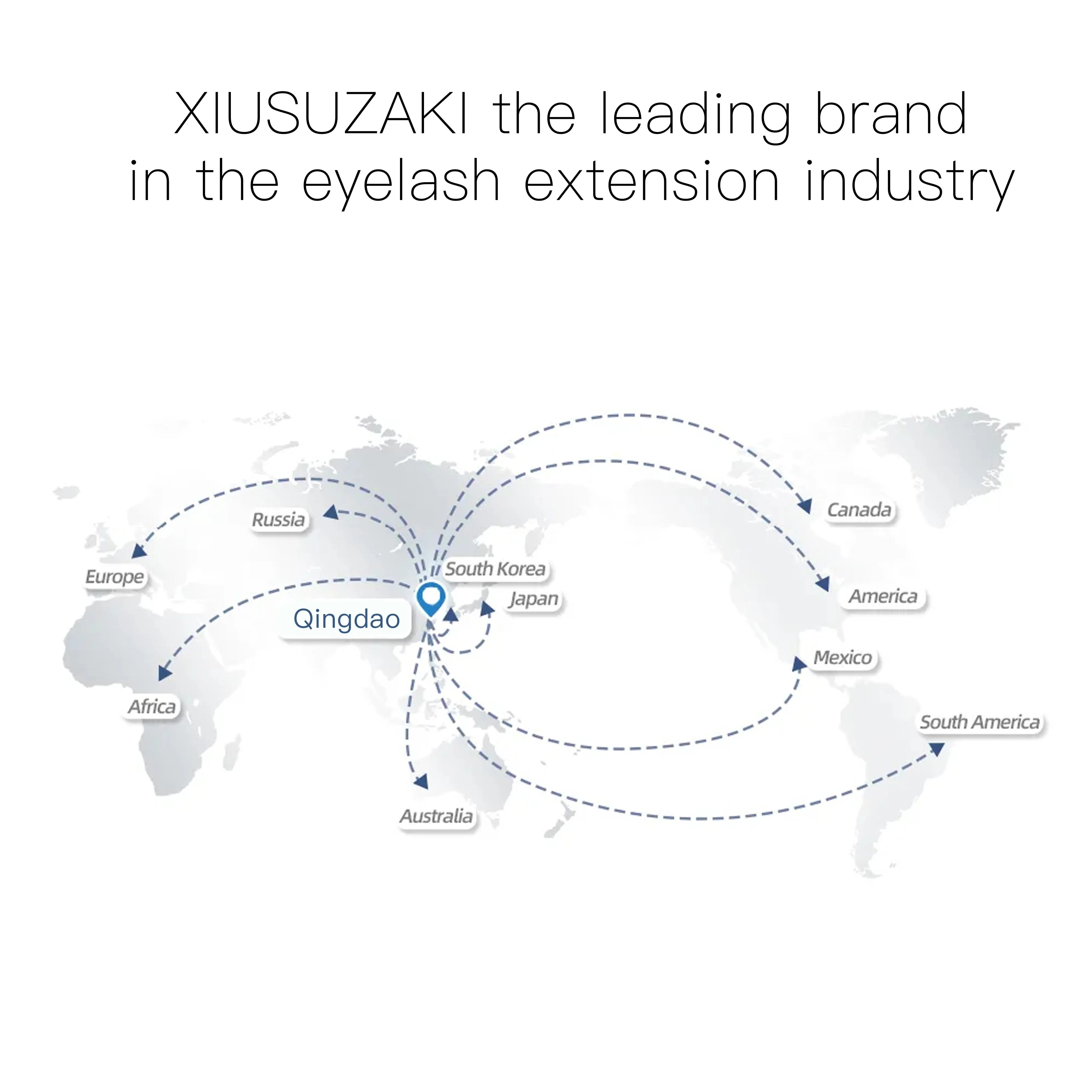 World map showing Qingdao as a distribution hub for eyelash extensions, with dashed lines pointing to global regions.