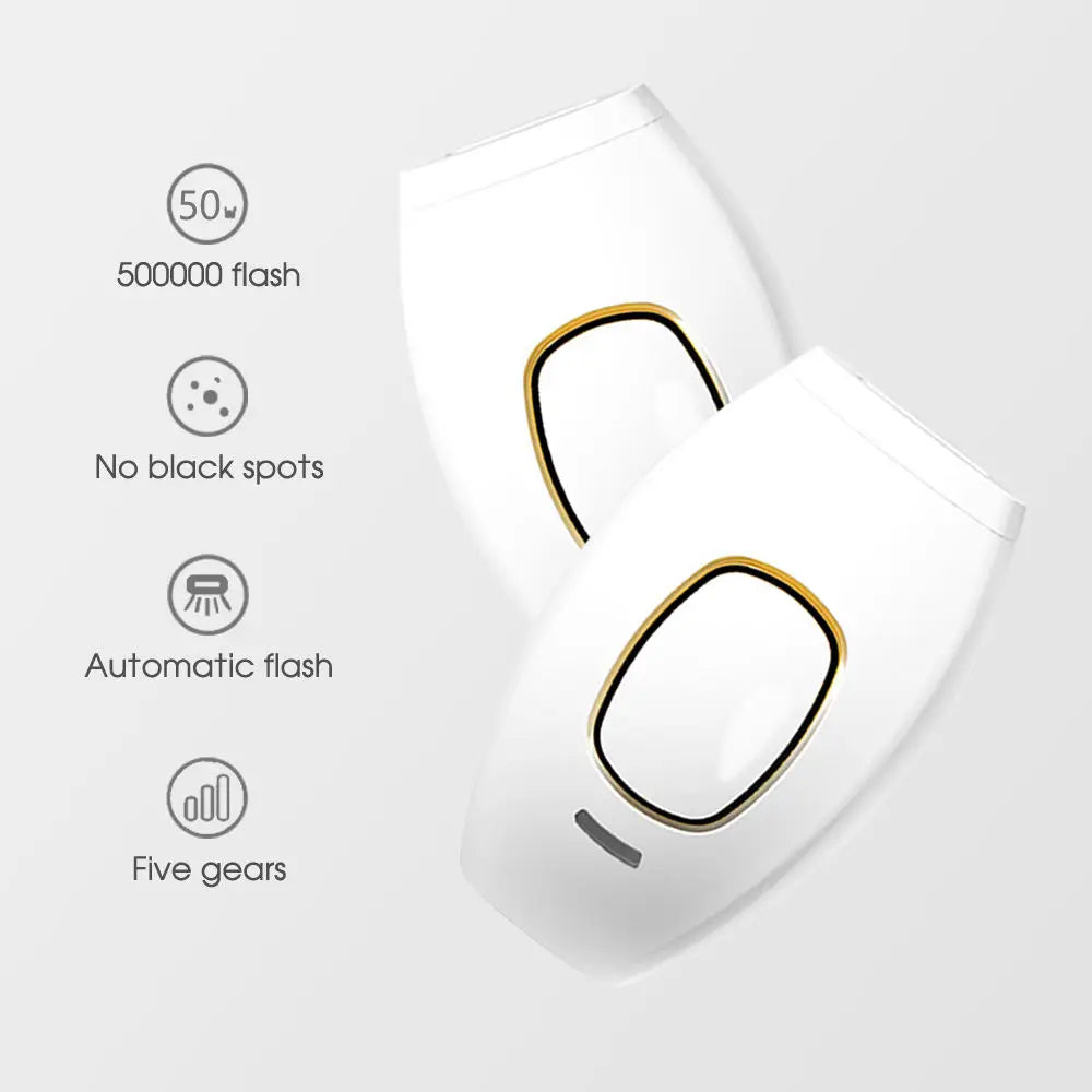 White IPL laser hair removal device with 500,000 flashes, five power levels, and automatic pulse mode for home use.