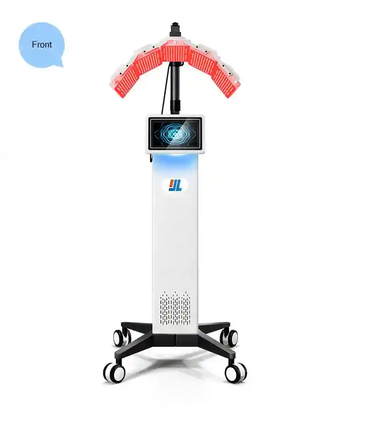 7-color LED light therapy machine for face and body with touch screen, adjustable red light panels, and rolling stand.