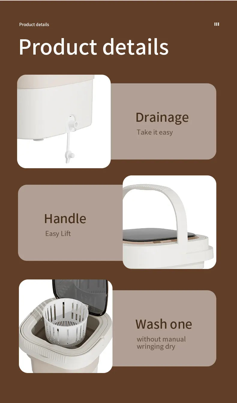 Tidesmit 9L foldable portable washing machine with LCD display and spin dryer for underwear and socks, side view.