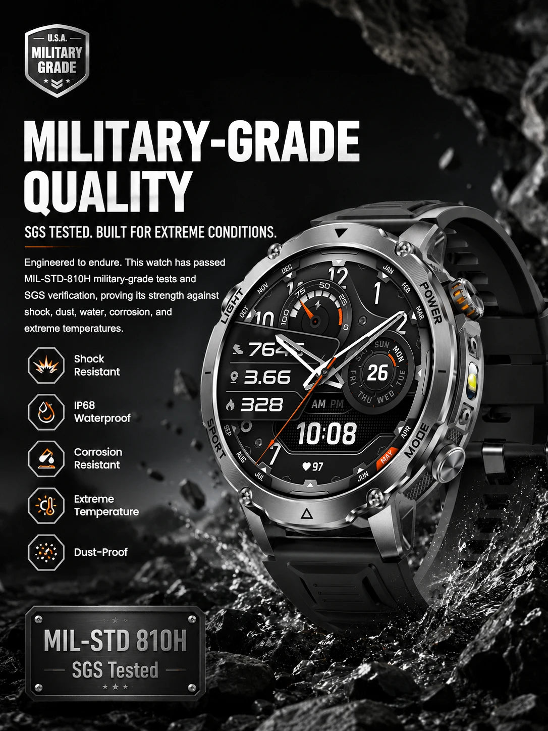 New GPS Sapphire Glass Smartwatch Business men 1.7-inch AMLED Screen Clock 1400mAh Battery 10ATM waterproof Titanium alloy Watch
