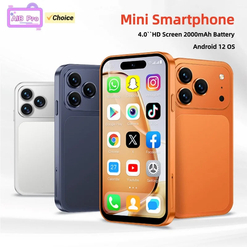 ONEMYTH A18 Pro 4-inch mini Android smartphone in white, blue, and orange. Features 4G LTE, front view, and triple cams.
