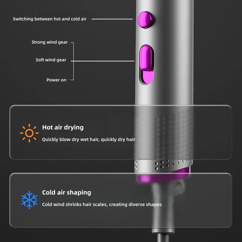 2400W foldable hair dryer with purple buttons, hot/cold air modes, and wind speed settings for professional styling.