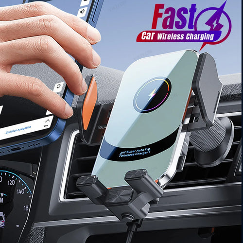 Tidesmit car air vent phone mount, sleek silver and black plastic, featuring fast wireless charging and side grips.