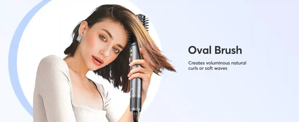 Woman using grey Bopcal 5-in-1 hair dryer with oval brush attachment for voluminous curls and soft waves.