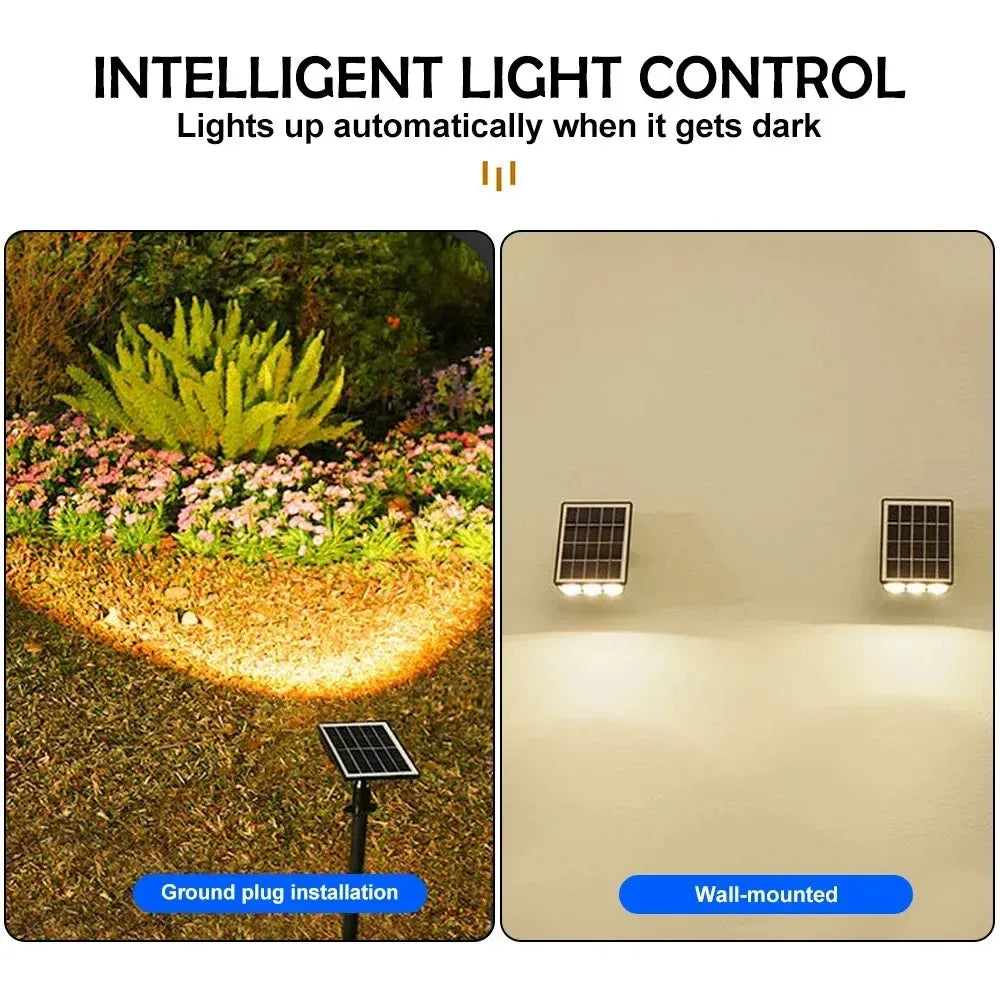Black solar LED spotlights shown installed on lawn and mounted on a wall, illuminating outdoor areas.