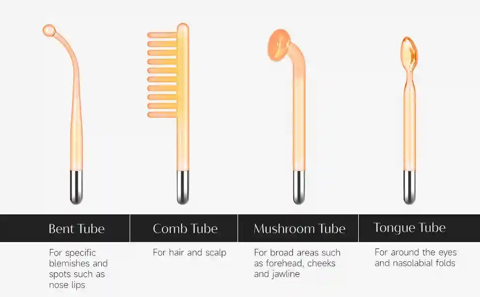 Four Darsonval glass electrode tubes: bent, comb, mushroom, and tongue shapes, with metal bases for facial therapy.
